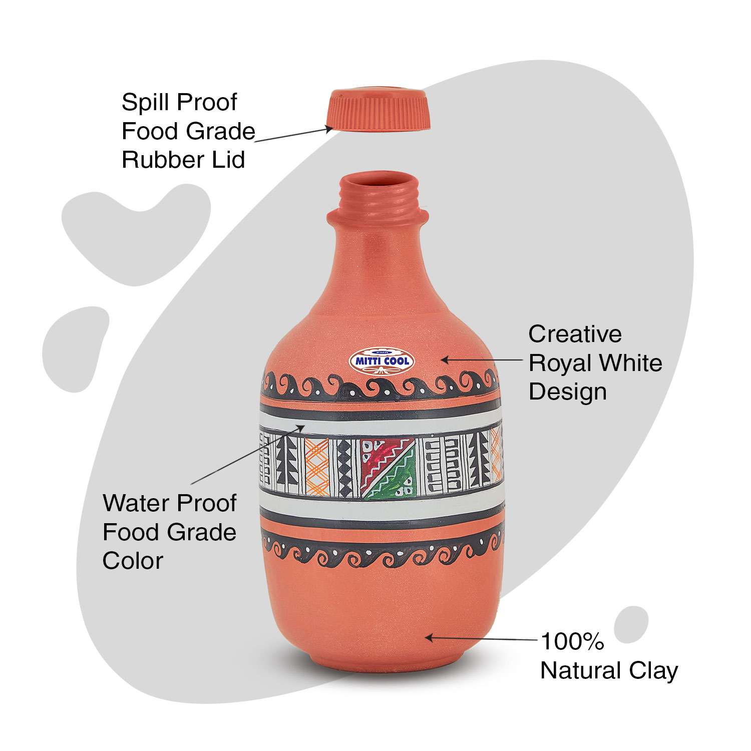 Clay Water Bottle 1.2 Liter Royal White Design - new.mitticool.com