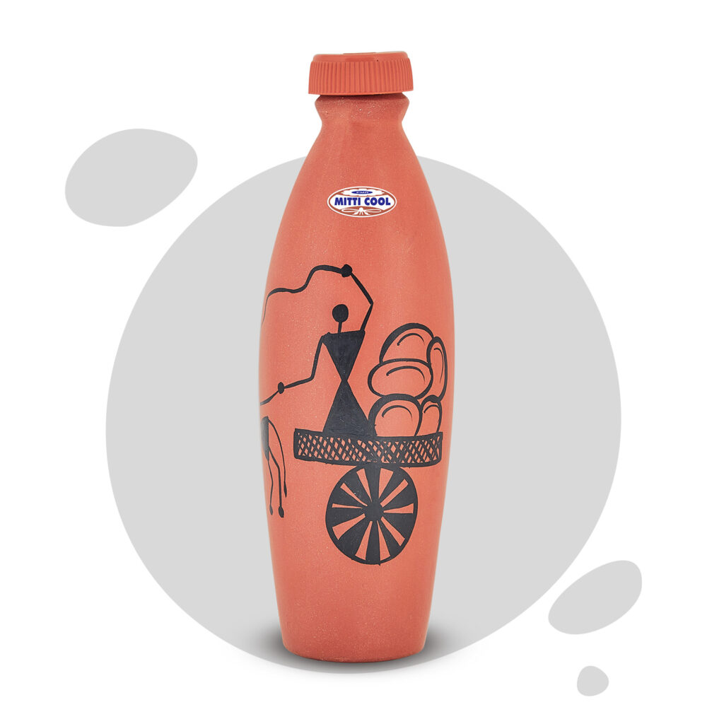 Clay Water bottle - 1 liter Warli Cart Design