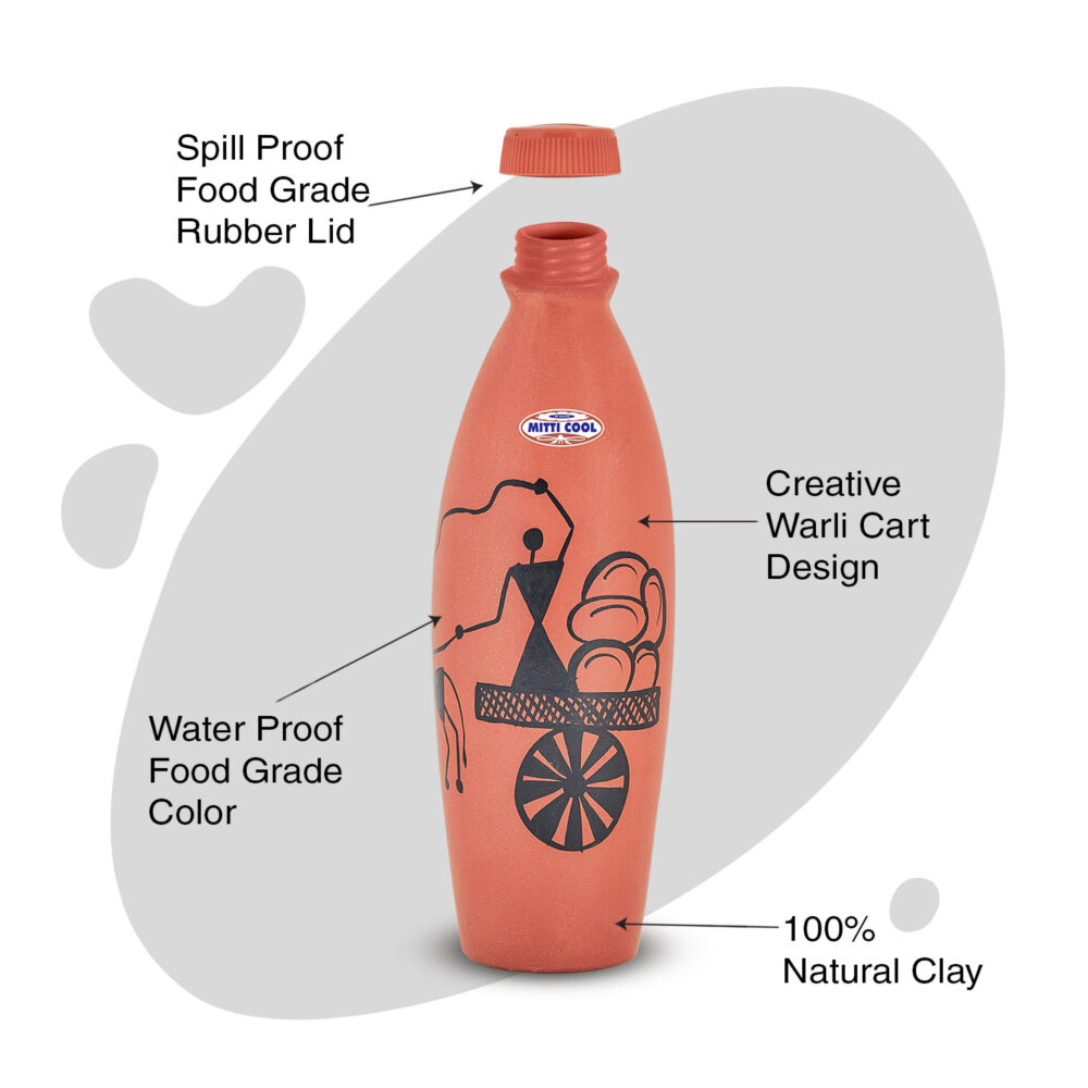 Clay Water bottle - 1 liter Warli Cart Design - Image 2