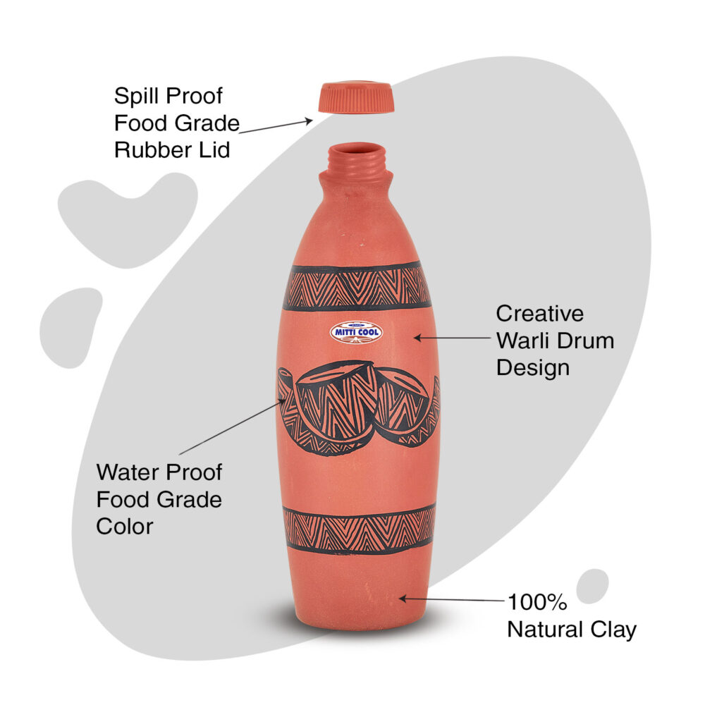 Clay Water bottle - 1 Liter Warli Drum Design - Image 2