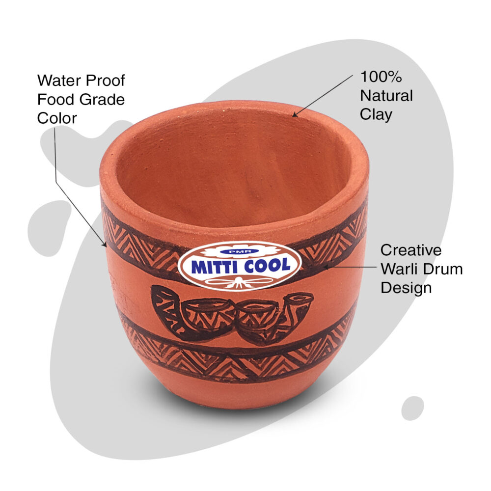 Clay Cherry Cup Set 100 ML (6 piece) Warli Drum Design - Image 2