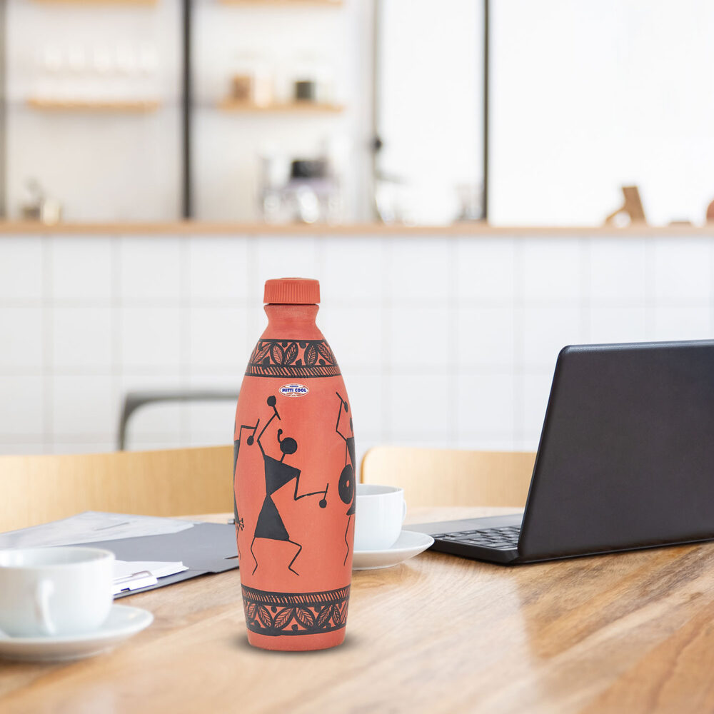 Clay Water bottle - 1 Liter Warli Timpany Design - Image 4