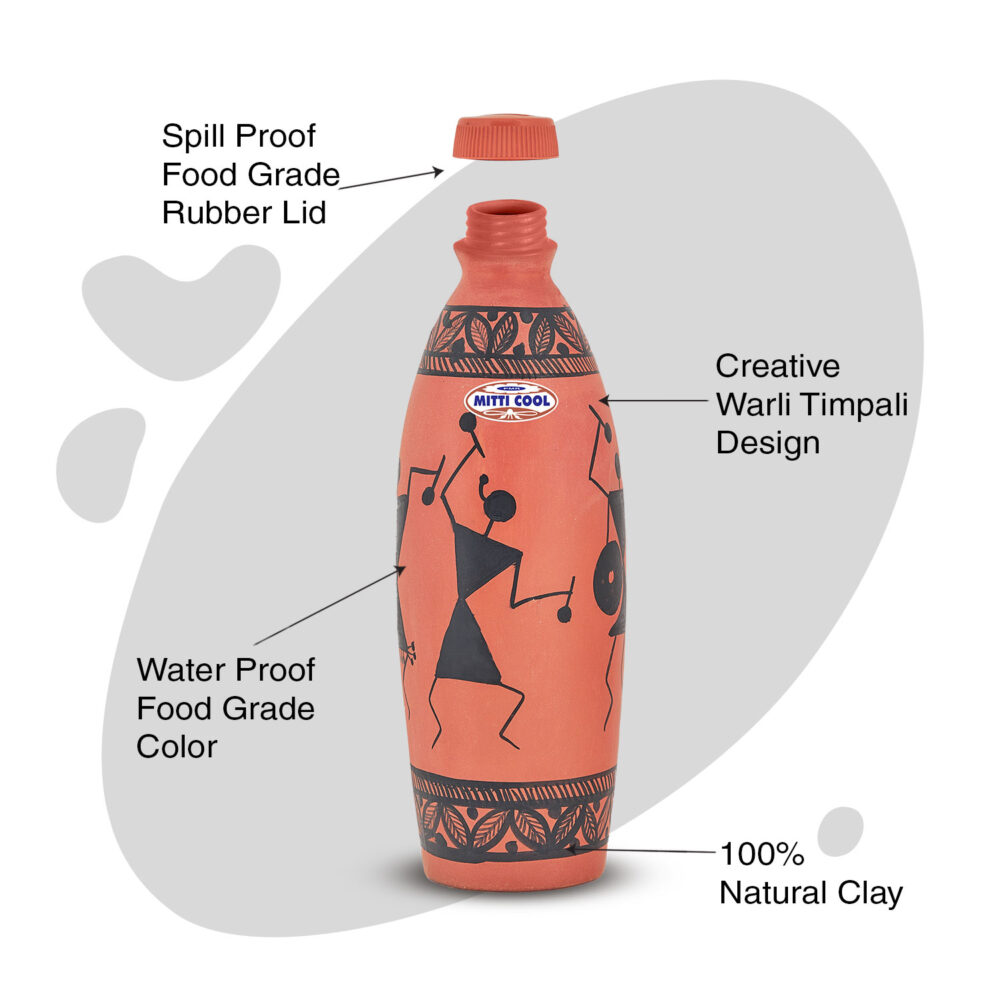 Clay Water bottle - 1 Liter Warli Timpany Design - Image 3