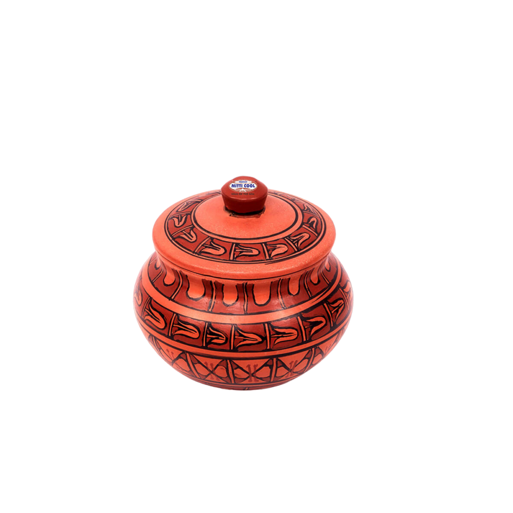 Clay Curd Pot with Cap 1.5 liter Abstract Cross Design