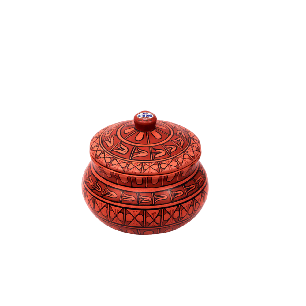 Clay Curd Pot with Cap 650 ML Abstract Cross Design