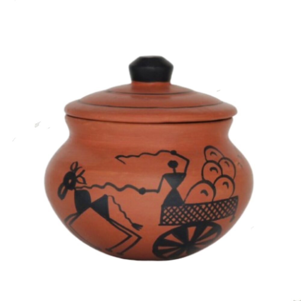 Clay Curd Pot with Cap 1.5 liter Warli Cart Design