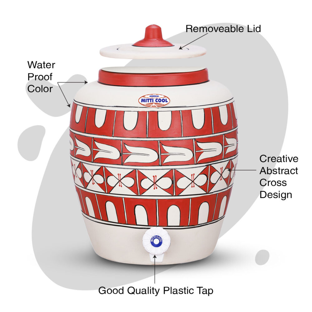 Clay Water Pot 11 Litres Abstract Cross Design - Image 2