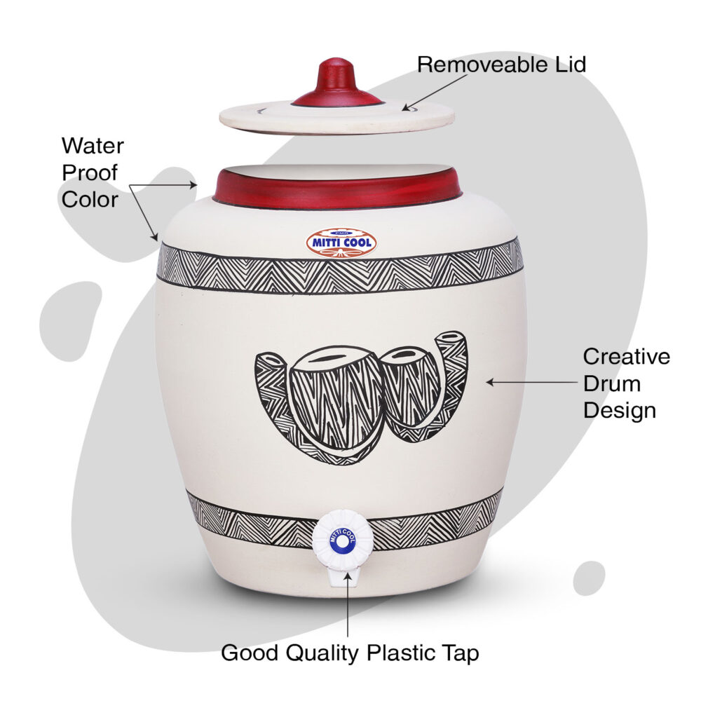 Clay Water Pot 11 Litre  Drum Design - Image 2