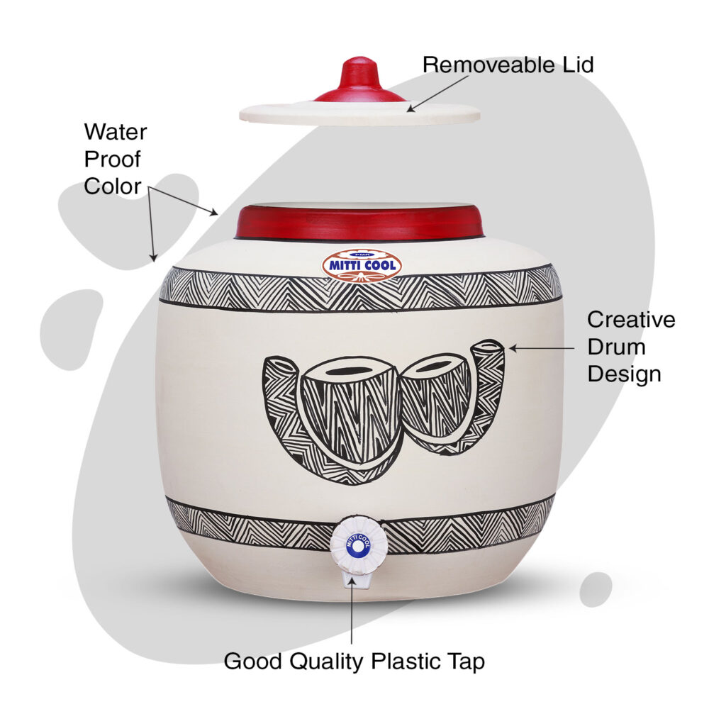 Clay Water Pot 12 Litre Drum Design - Image 2