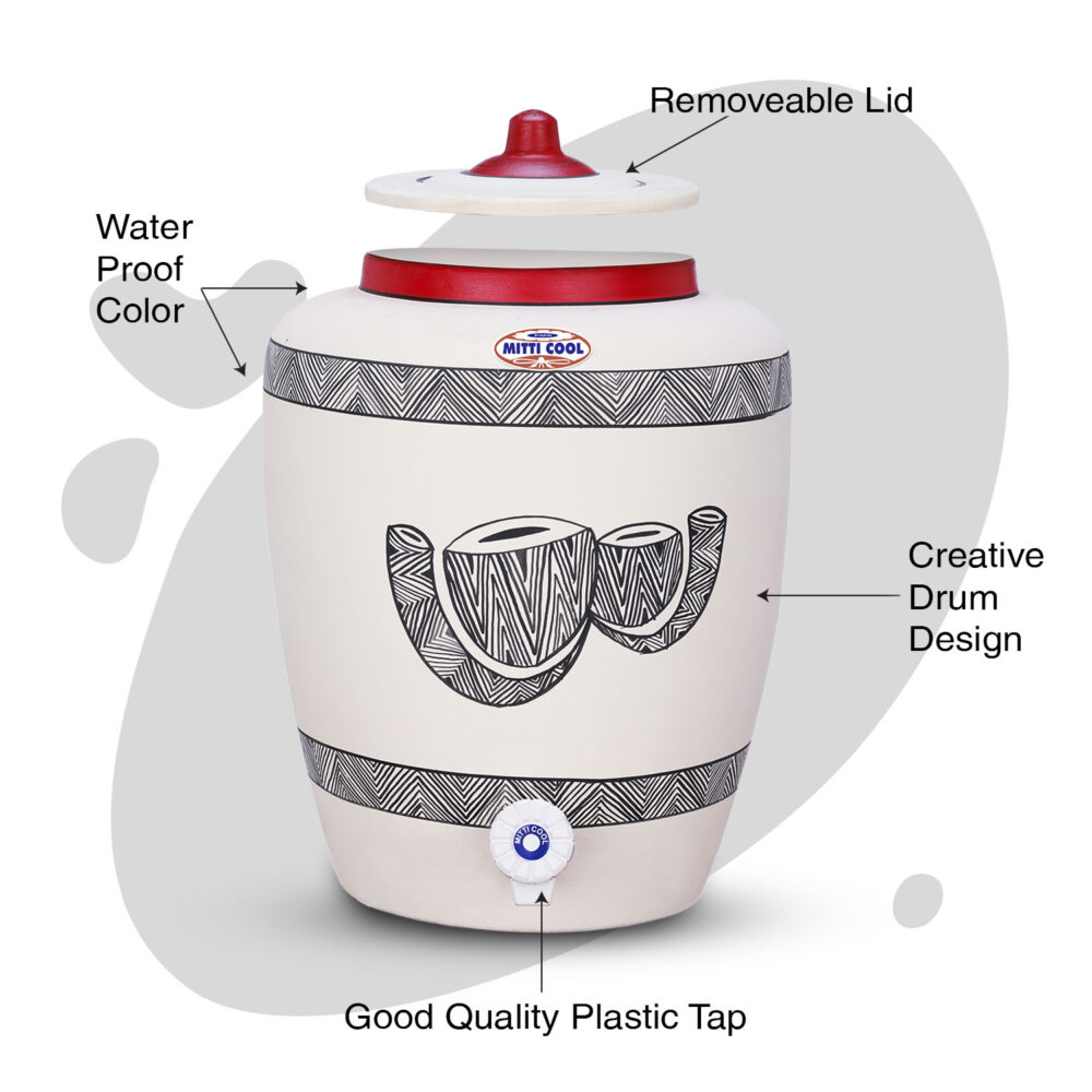 Clay Water Pot 13 Litre Drum Design - Image 2