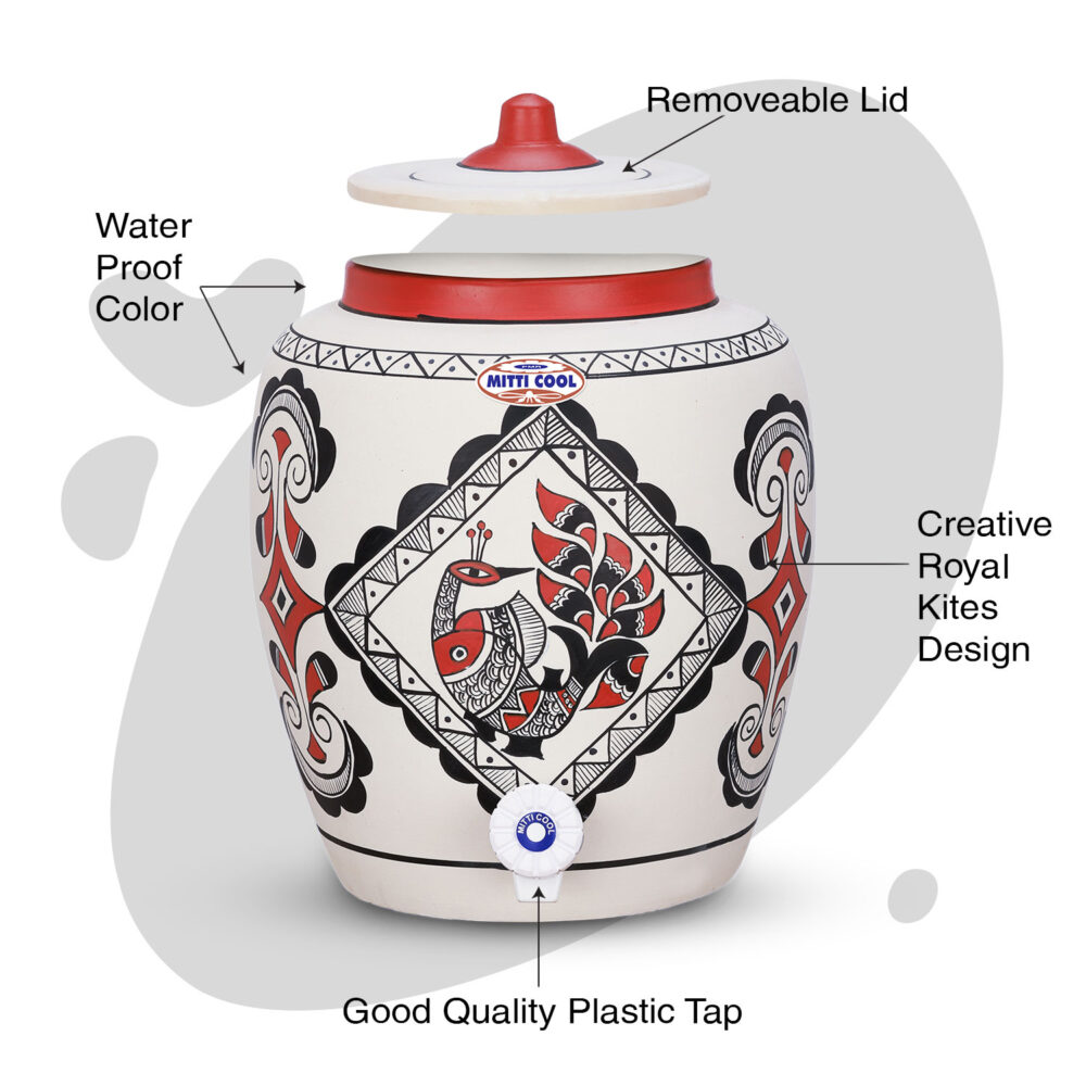 Earthen Clay Water Pot 11 Litre Royal Peacock Design - Image 2