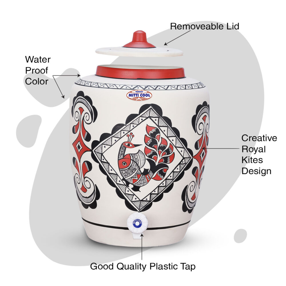 Clay Water Pot 13 Litre Royal Peacock Design - Image 3