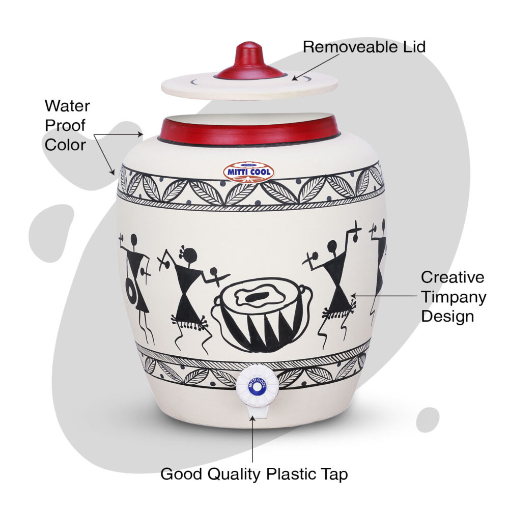 Earthen Clay Water Pot 11 Litre Warli Timpany Design - Image 2