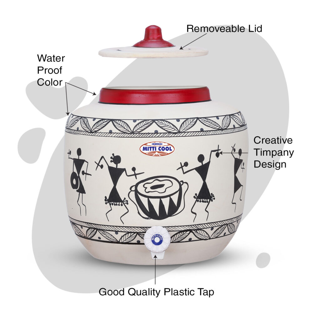 Clay Water Pot 12 Litre  Warli Timpany Design - Image 2