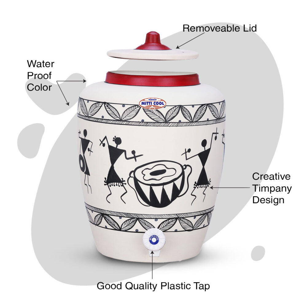 Clay Water Pot 13 Litre Warli Timpany Design - Image 2