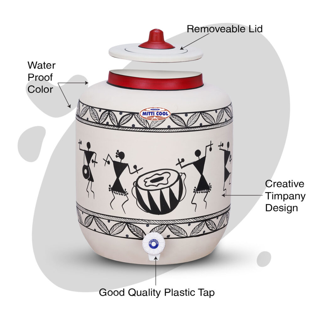 Clay Water Pot 17 Litre Warli Timpali Desgin - Image 2