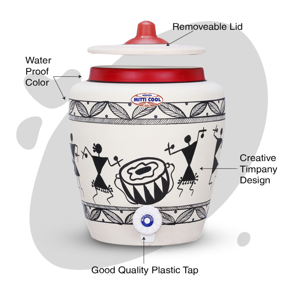 Clay Water Pot 6.5 Litre Warli Timpany Design - Image 2